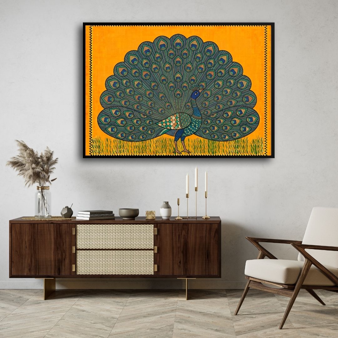 "Majestic Peacock" Gond Art Indian Wall Art Print 4 : 3 Horizontal Premium Wall Art Canvas by MeriDeewar