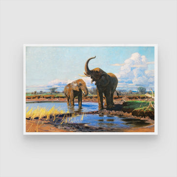 Majestic Waters – Elephants at the Riverbank 2 : 3 Horizontal Premium Wall Art Canvas by MeriDeewar