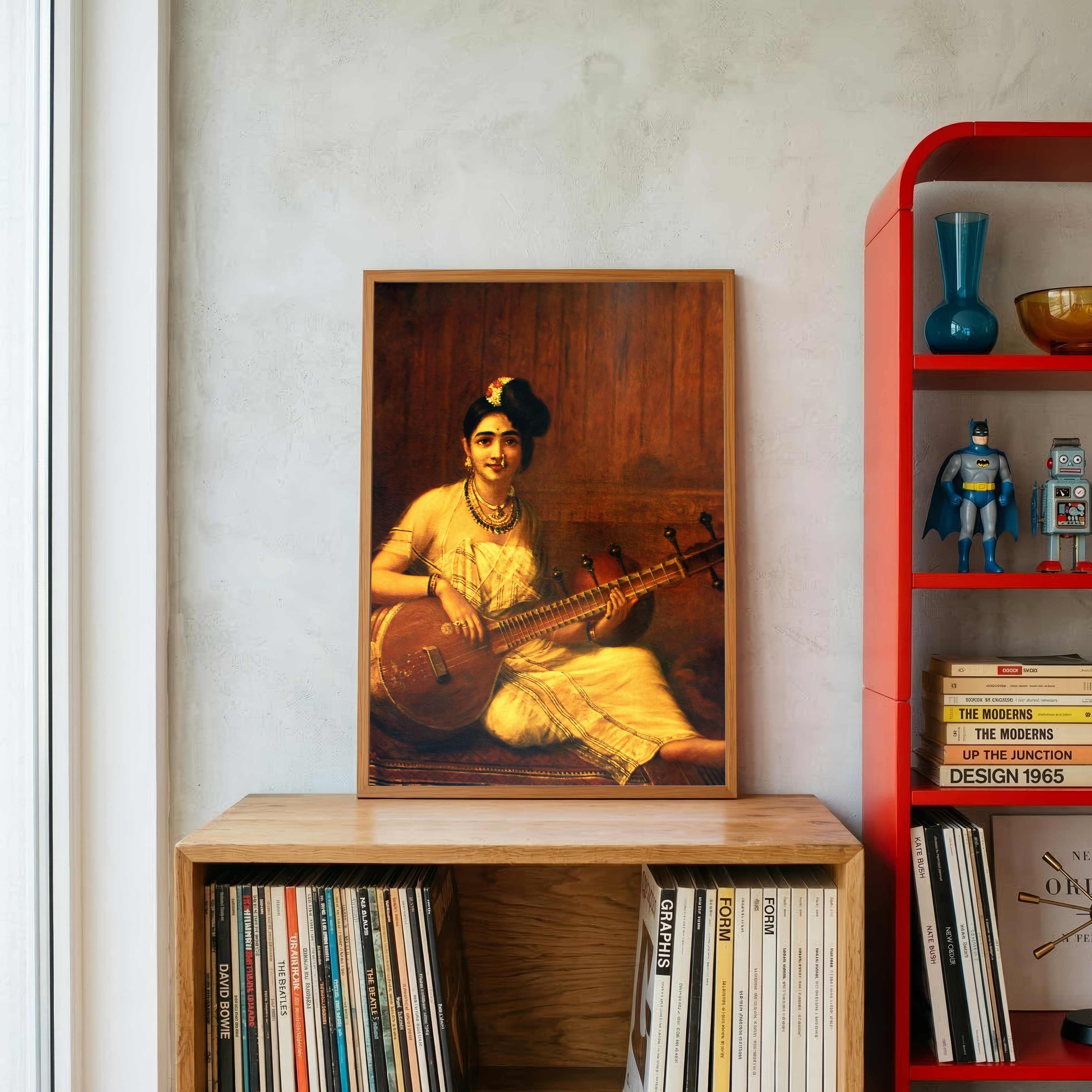 Malabar Lady with Veena – Raja Ravi Varma Painting for Living Room | Classical Indian Wall Art 3 : 4 Vertical Premium Wall Art Canvas by MeriDeewar