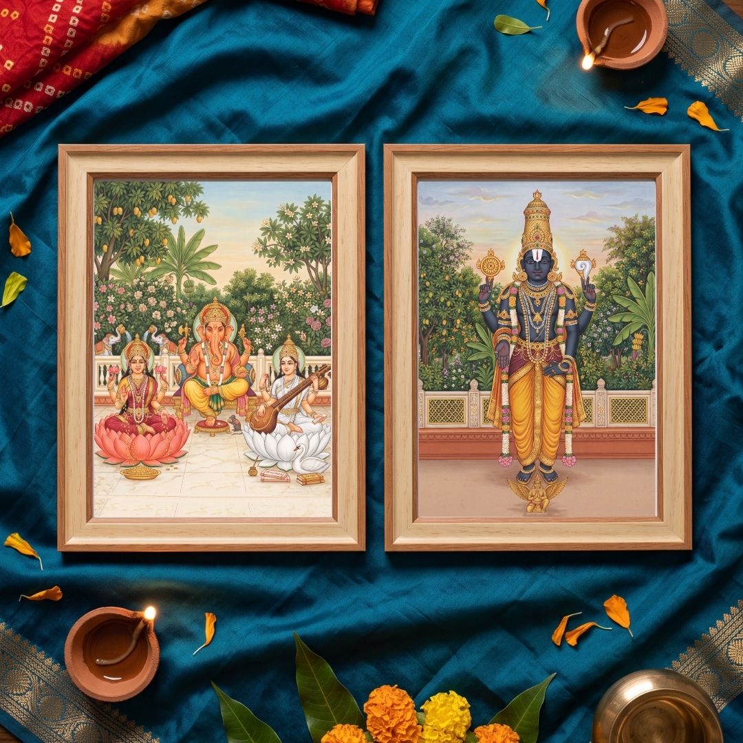 Mangalam | Lakshmi Ganesha Saraswati & Lord Venkateswara Set of 2 Framed Art Curate Premium Wall Art Canvas by MeriDeewar