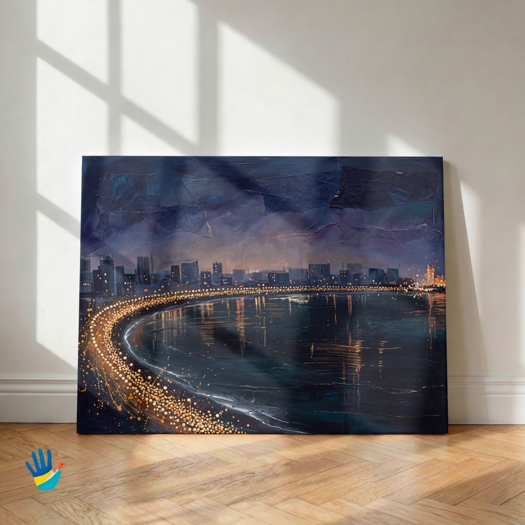 Marine Drive Midnight | Mumbai Abstract Night Art 3 : 2 Horizontal Premium Wall Art Canvas by MeriDeewar