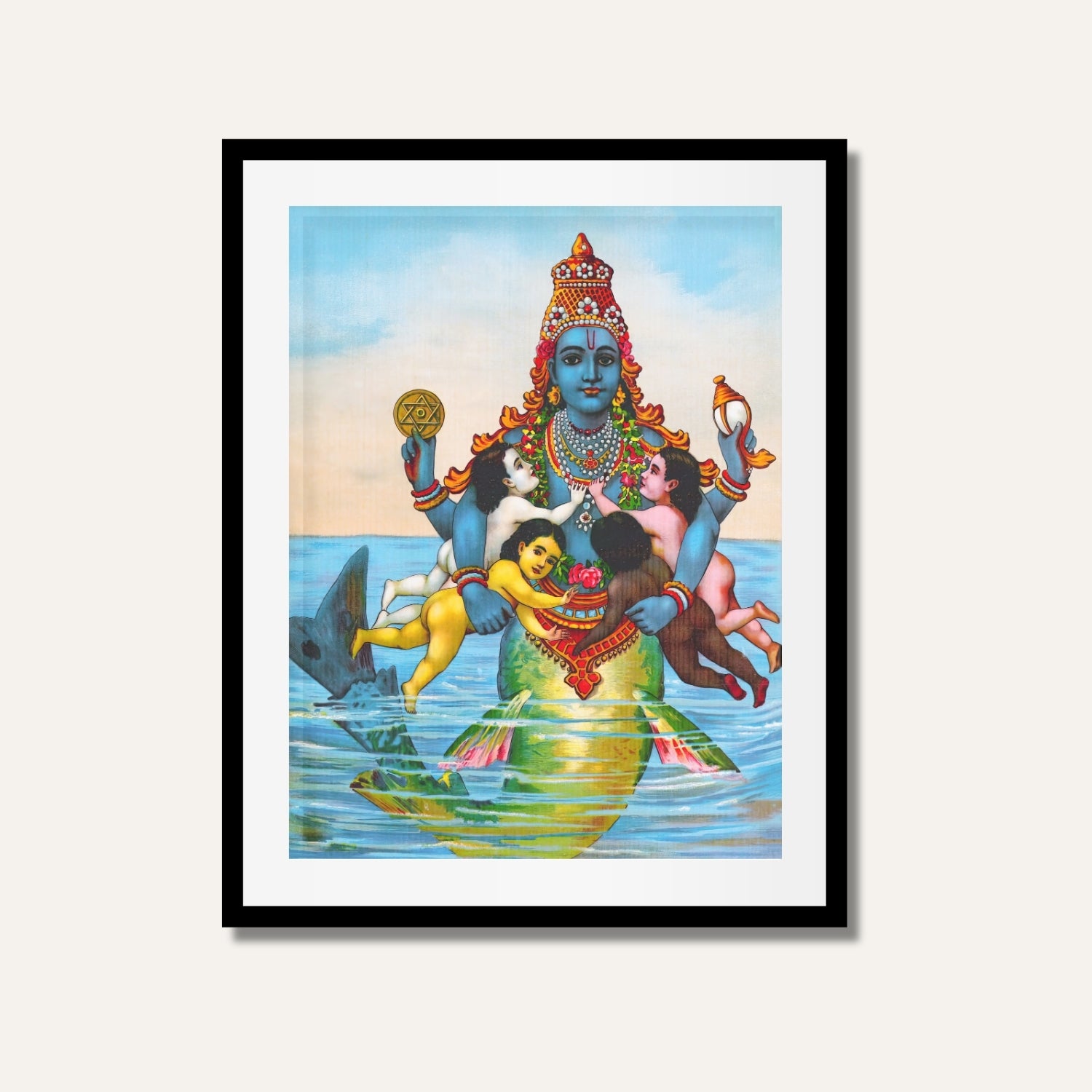 Matsya with the Vedas as Infants Painting – Raja Ravi Varma | MeriDeewar 3 : 4 Vertical Premium Wall Art Canvas by MeriDeewar