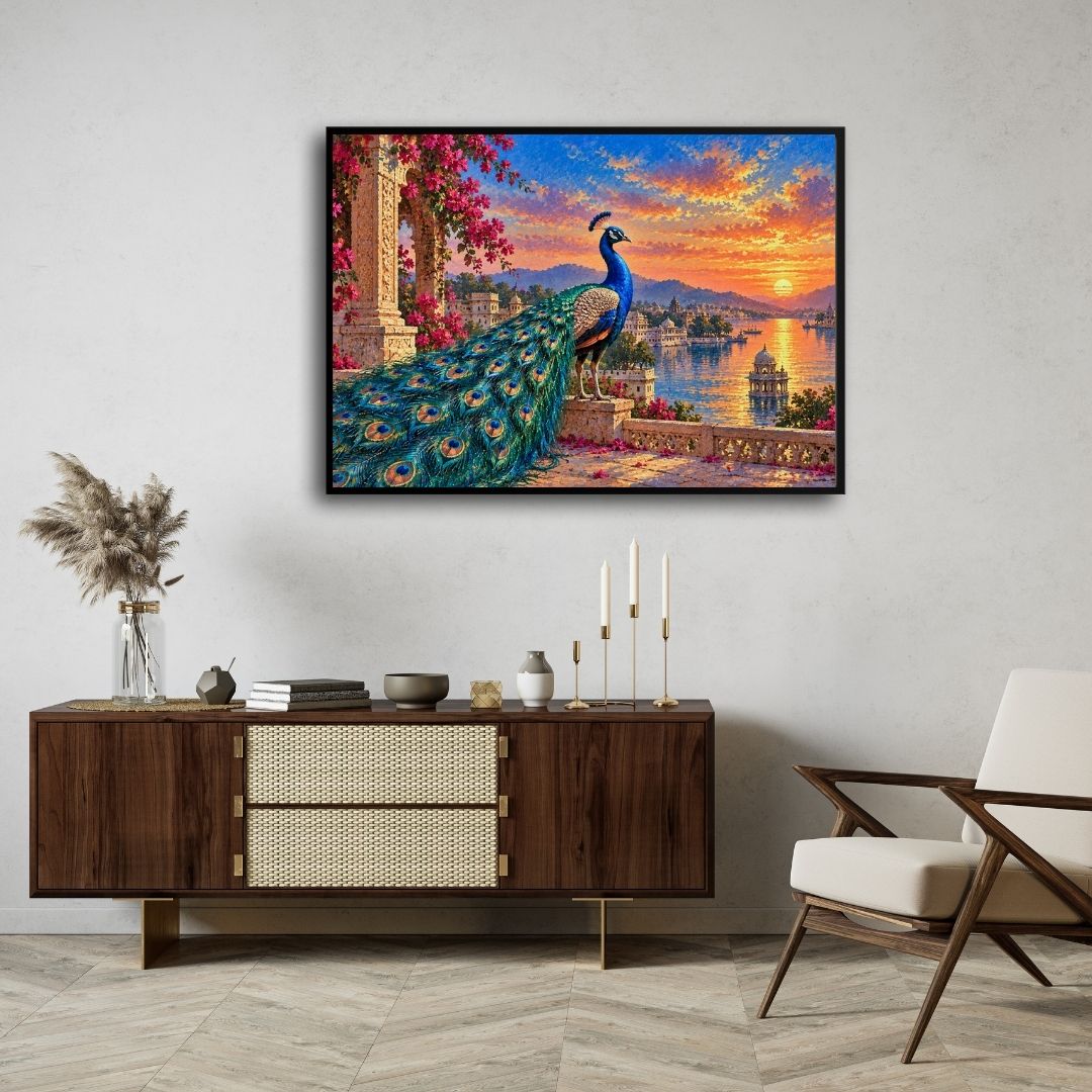 Mayura of Mewar | Udaipur Lake Sunset Peacock Gallery Wrap Canvas Curate Black Premium Wall Art Canvas by MeriDeewar