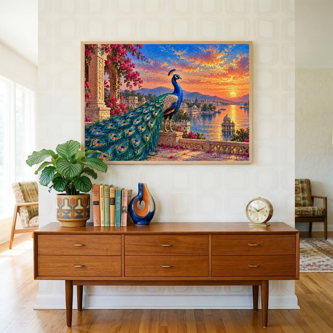 Mayura of Mewar | Udaipur Lake Sunset Peacock Gallery Wrap Canvas Curate Pinewood Premium Wall Art Canvas by MeriDeewar