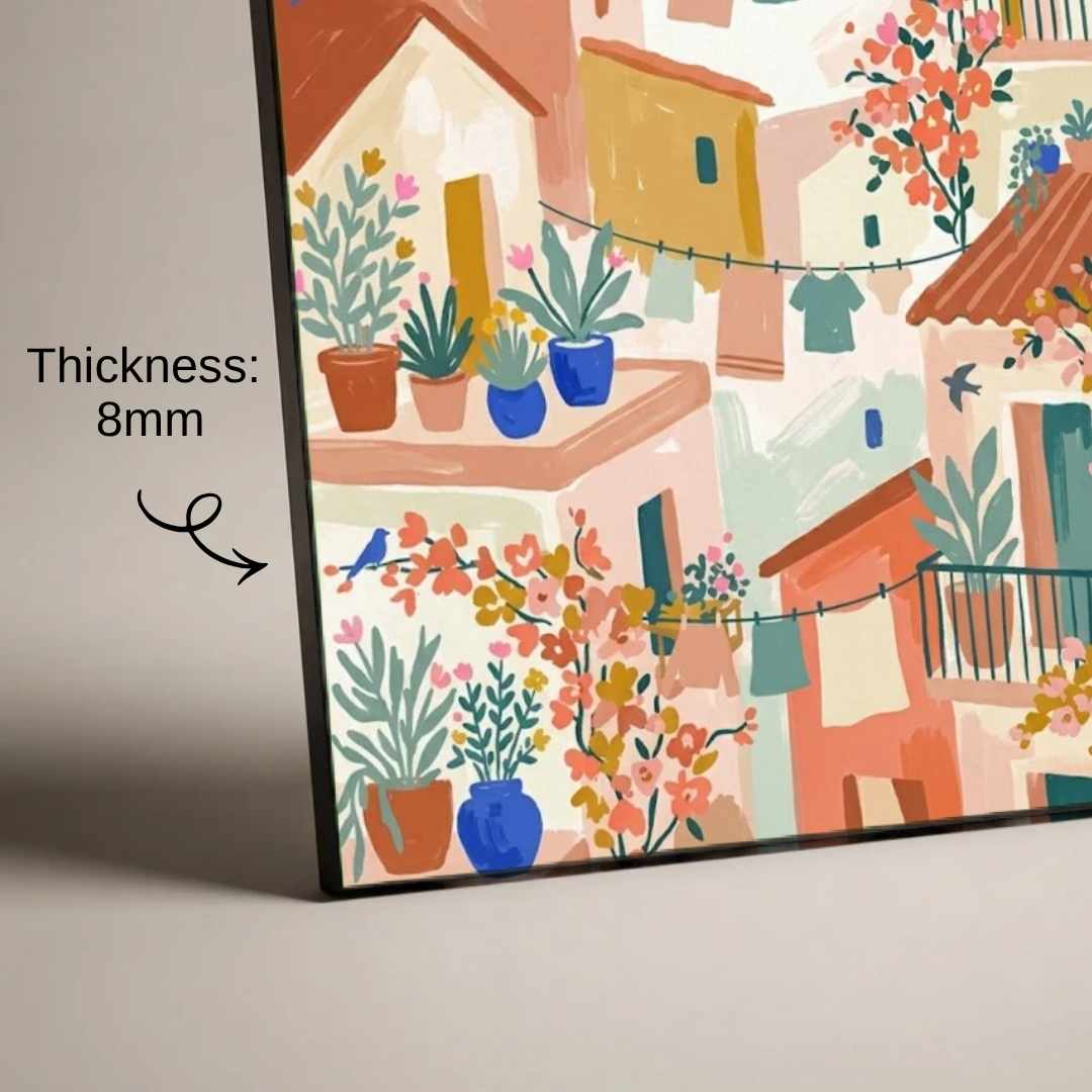"Mediterranean Village Rooftops" Sunny Town Art Poster | Vertical Borderless Art Frame Poster Premium Wall Art Canvas by MeriDeewar