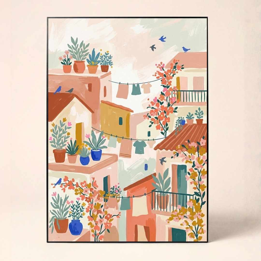"Mediterranean Village Rooftops" Sunny Town Art Poster | Vertical Borderless Art Frame Poster Premium Wall Art Canvas by MeriDeewar