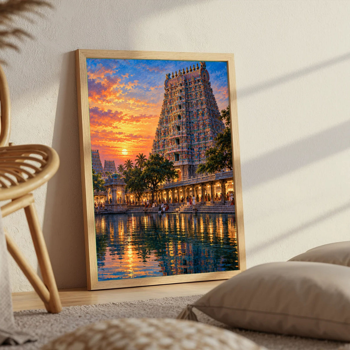 Meenakshi Amman Temple | Sacred South Indian Gopuram Sunset Gallery Wrap Canvas Curate Pinewood Premium Wall Art Canvas by MeriDeewar