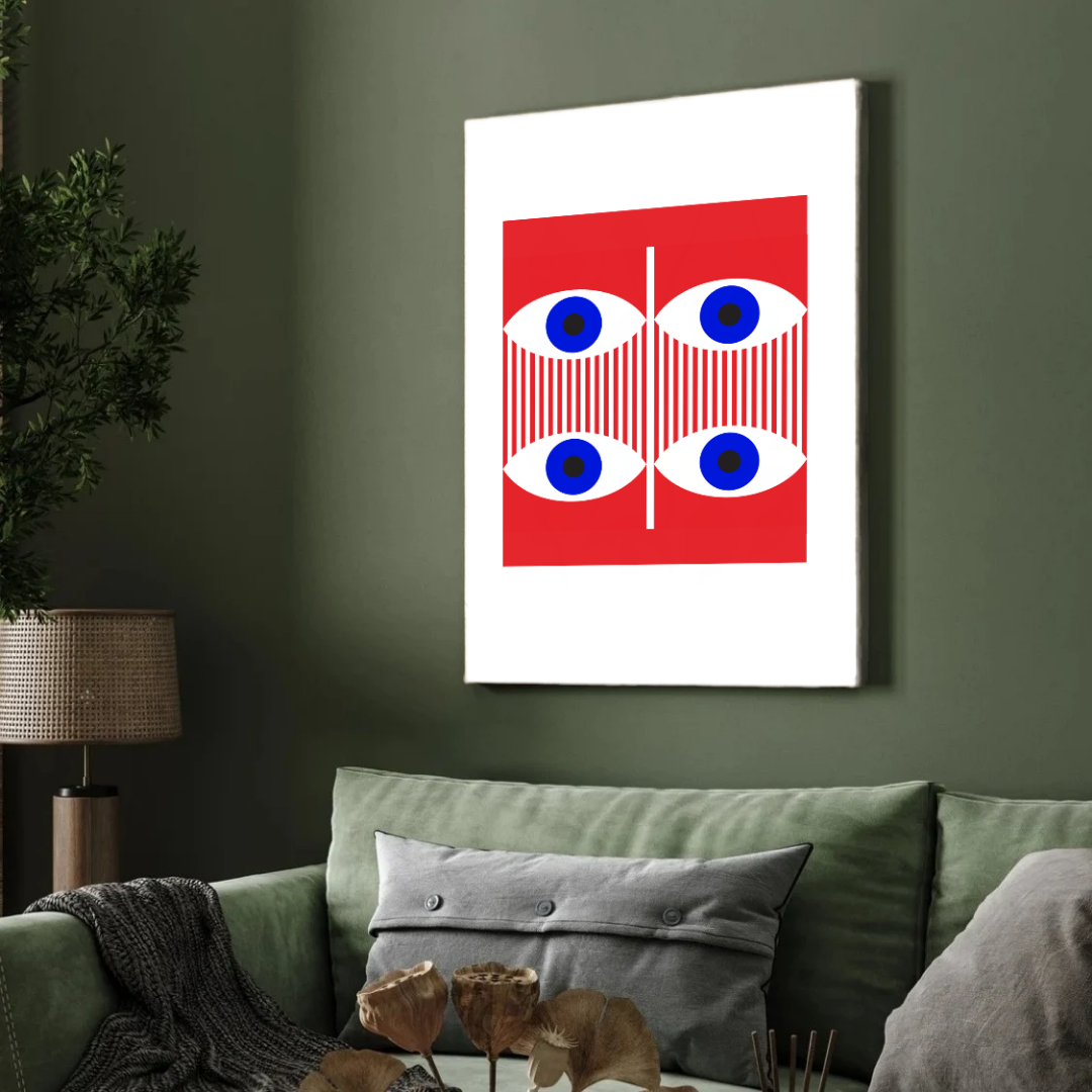Mid-Century Pop Art Geometric Eyes Wall Art | Retro Red & Blue Framed Print 2 : 3 Vertical Premium Wall Art Canvas by MeriDeewar