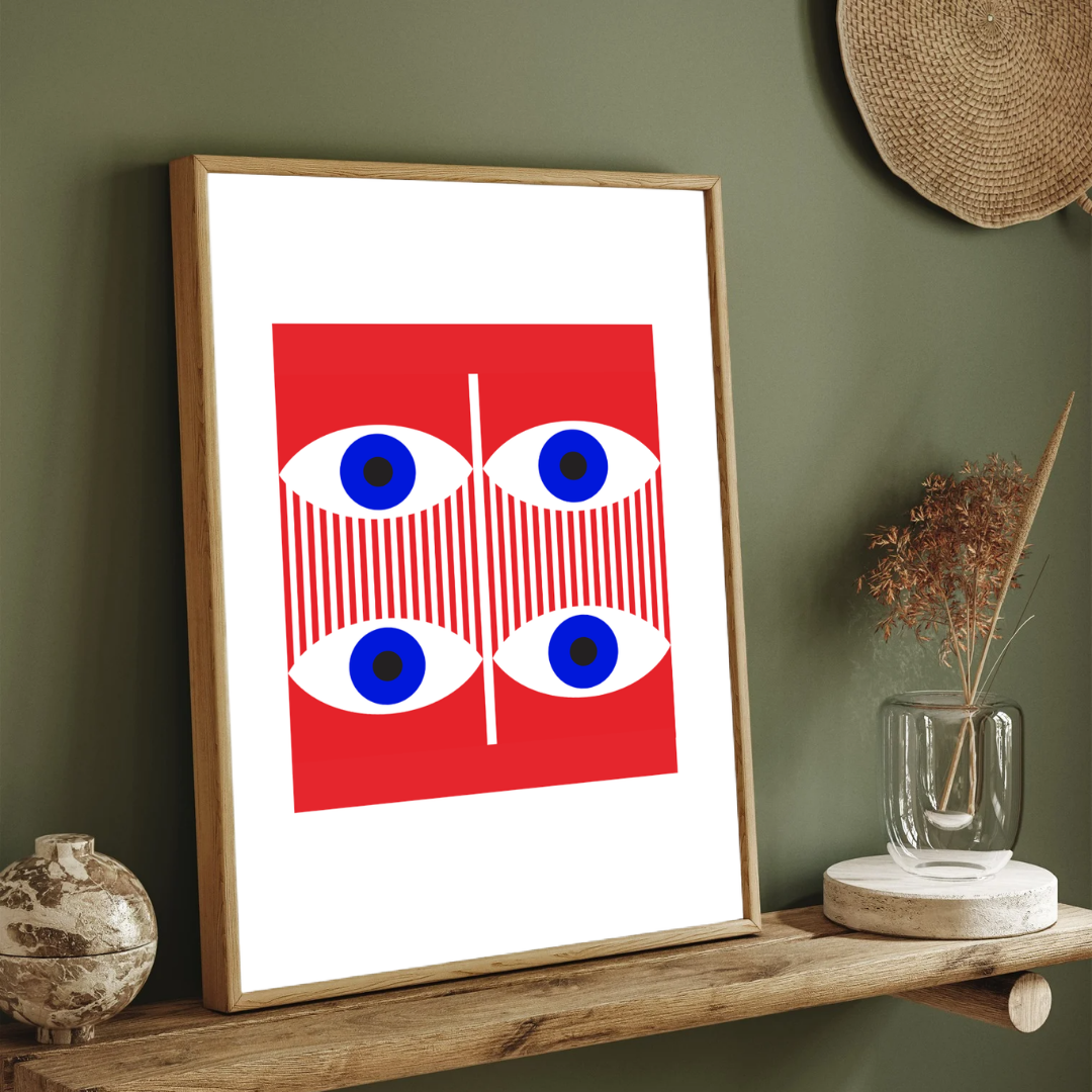 Mid-Century Pop Art Geometric Eyes Wall Art | Retro Red & Blue Framed Print 2 : 3 Vertical Premium Wall Art Canvas by MeriDeewar