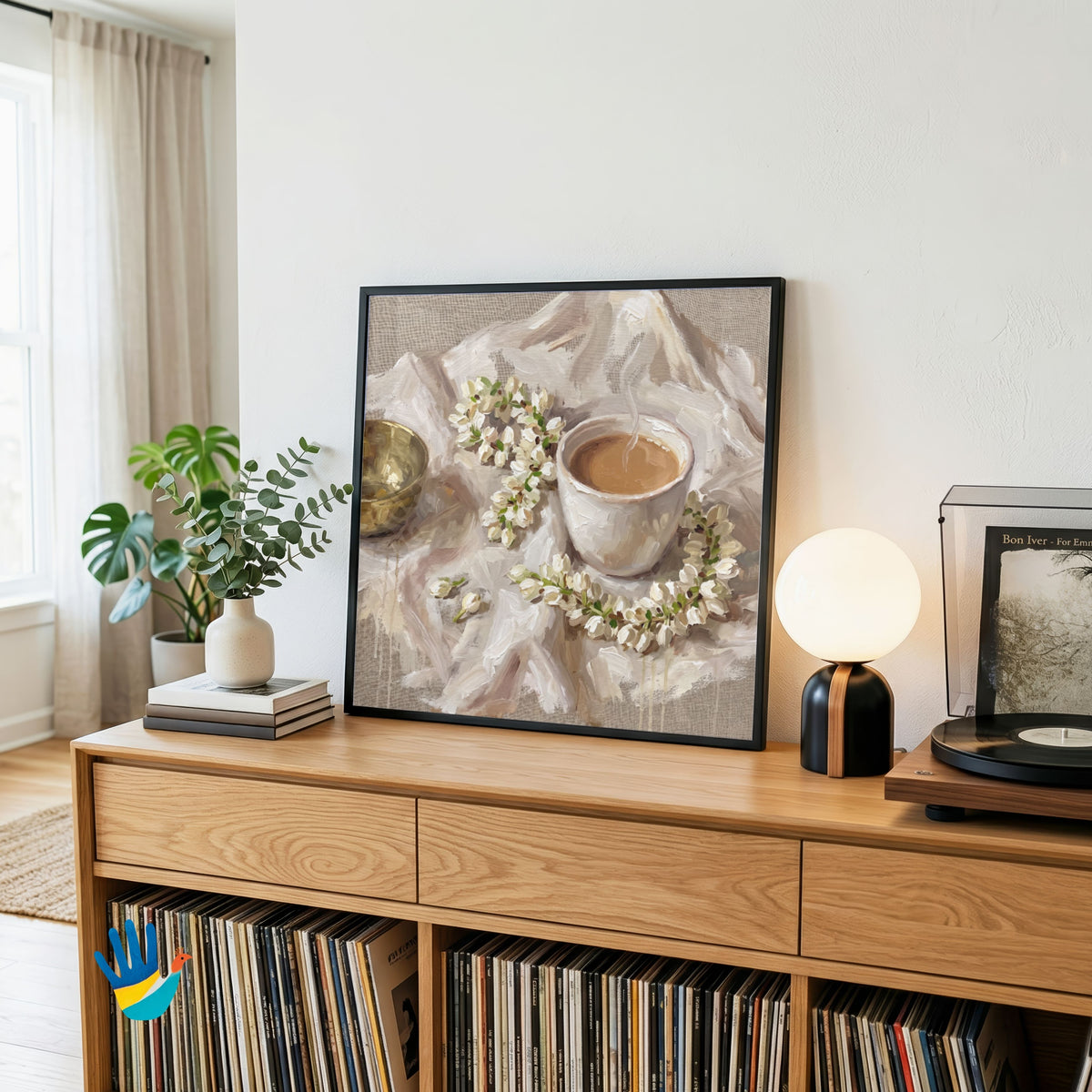 Mogra & Chai | Jasmine Still Life Wall Art 1 : 1 Square Premium Wall Art Canvas by MeriDeewar