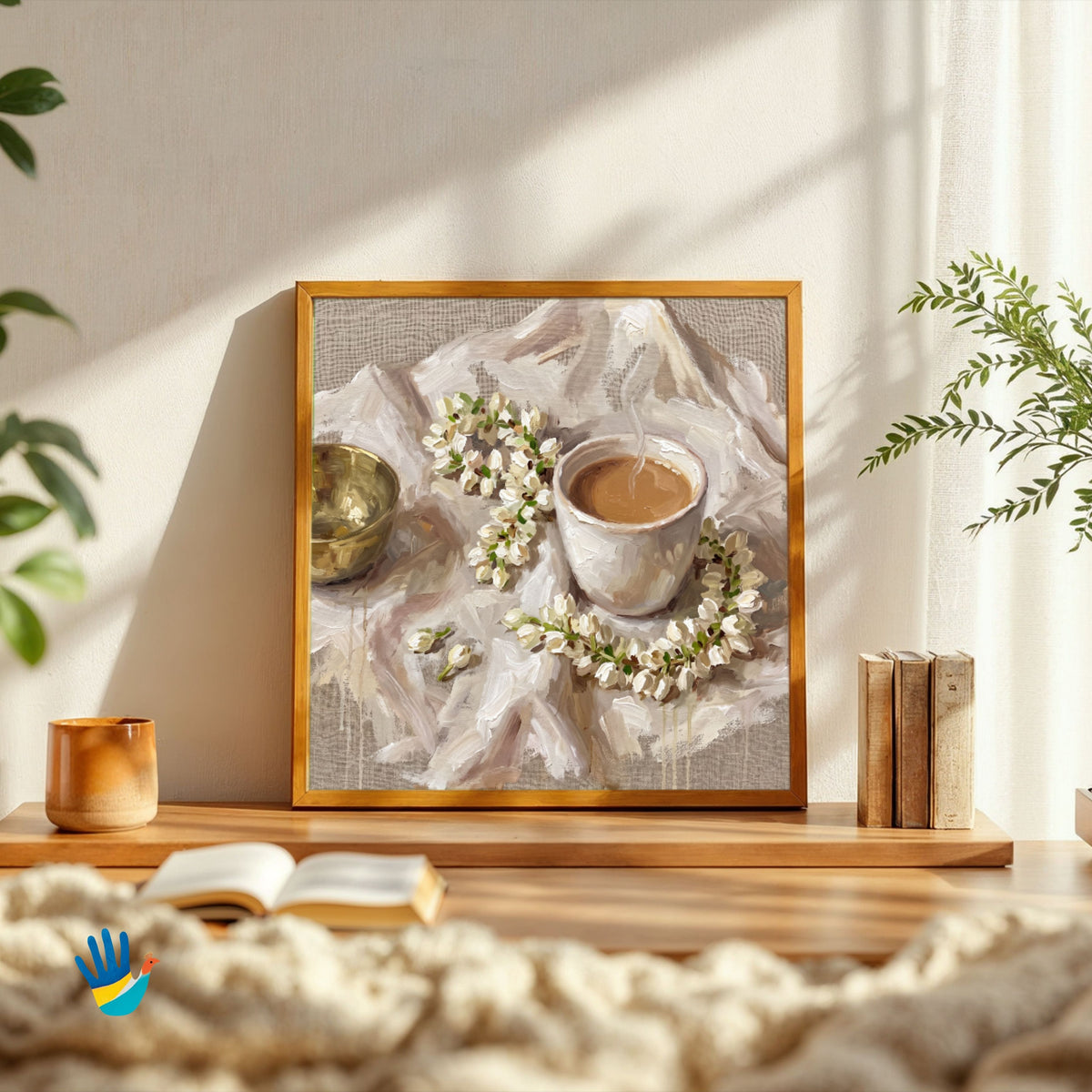 Mogra & Chai | Jasmine Still Life Wall Art 1 : 1 Square Premium Wall Art Canvas by MeriDeewar