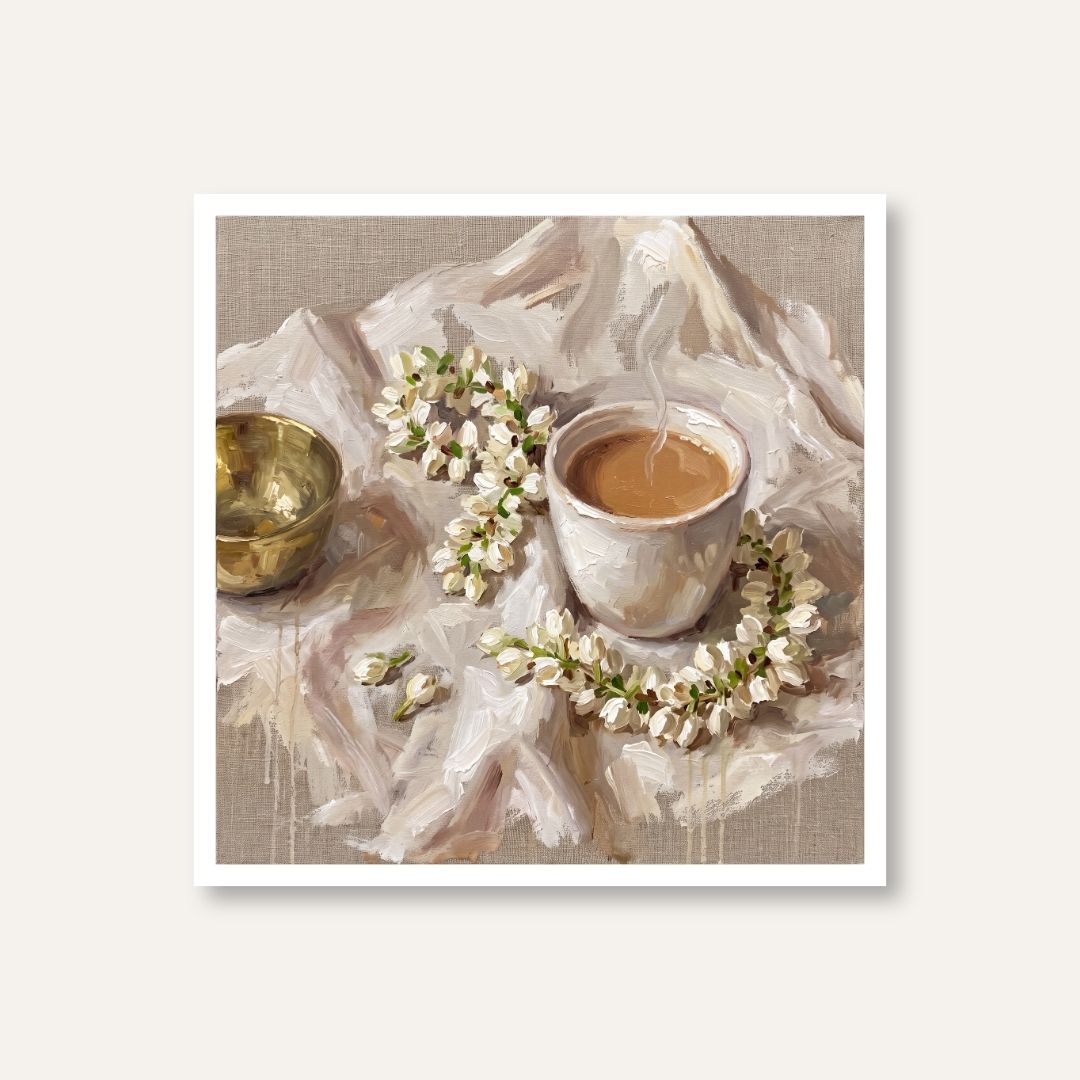 Mogra & Chai | Jasmine Still Life Wall Art 1 : 1 Square Premium Wall Art Canvas by MeriDeewar