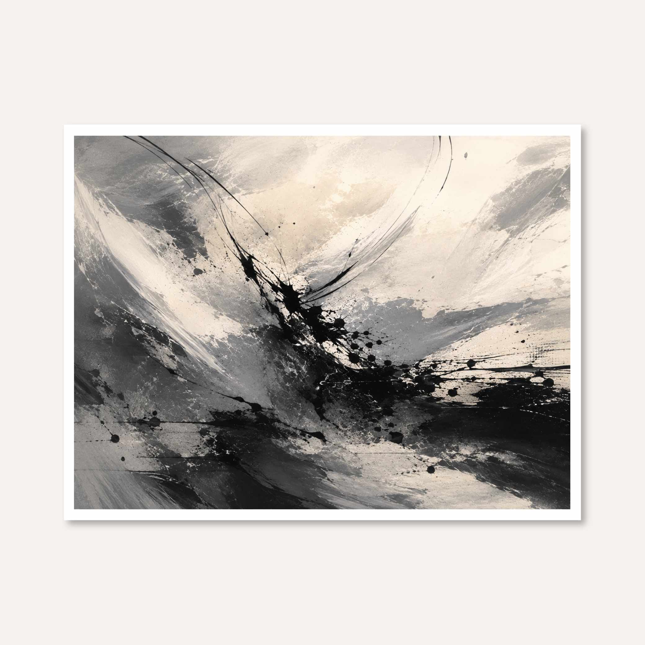 "Monochrome Dynamics" Modern Abstract Ink Splash Giclée Print |Wall Art 3 : 4 Horizontal New Premium Wall Art Canvas by MeriDeewar
