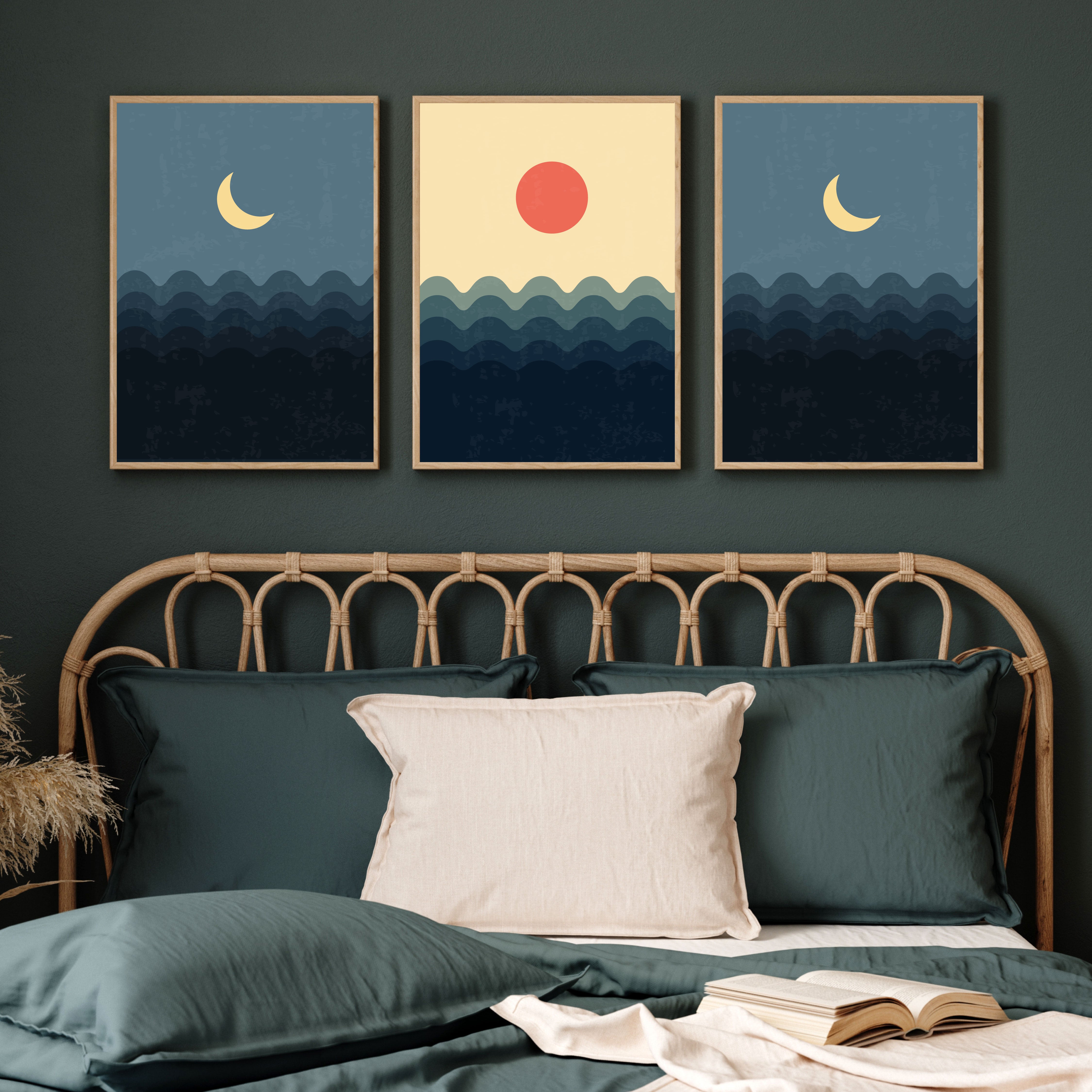 Moon and Sun Wall Art Set of 3 Walls Premium Wall Art Canvas by MeriDeewar