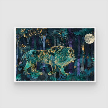 Moonlit Majesty — Lion in Forest Canvas Wall Art 2 : 3 Horizontal Premium Wall Art Canvas by MeriDeewar