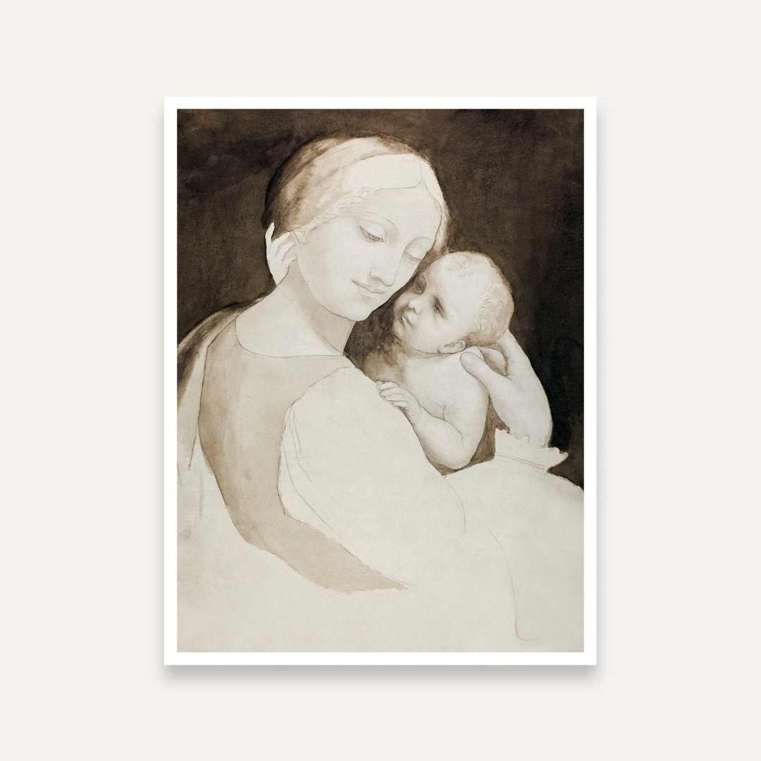 Mother and Child Painting for Bedroom | Leonardo da Vinci Sepia Wall Art | Giclée Print 4 :5 Vertical Premium Wall Art Canvas by MeriDeewar