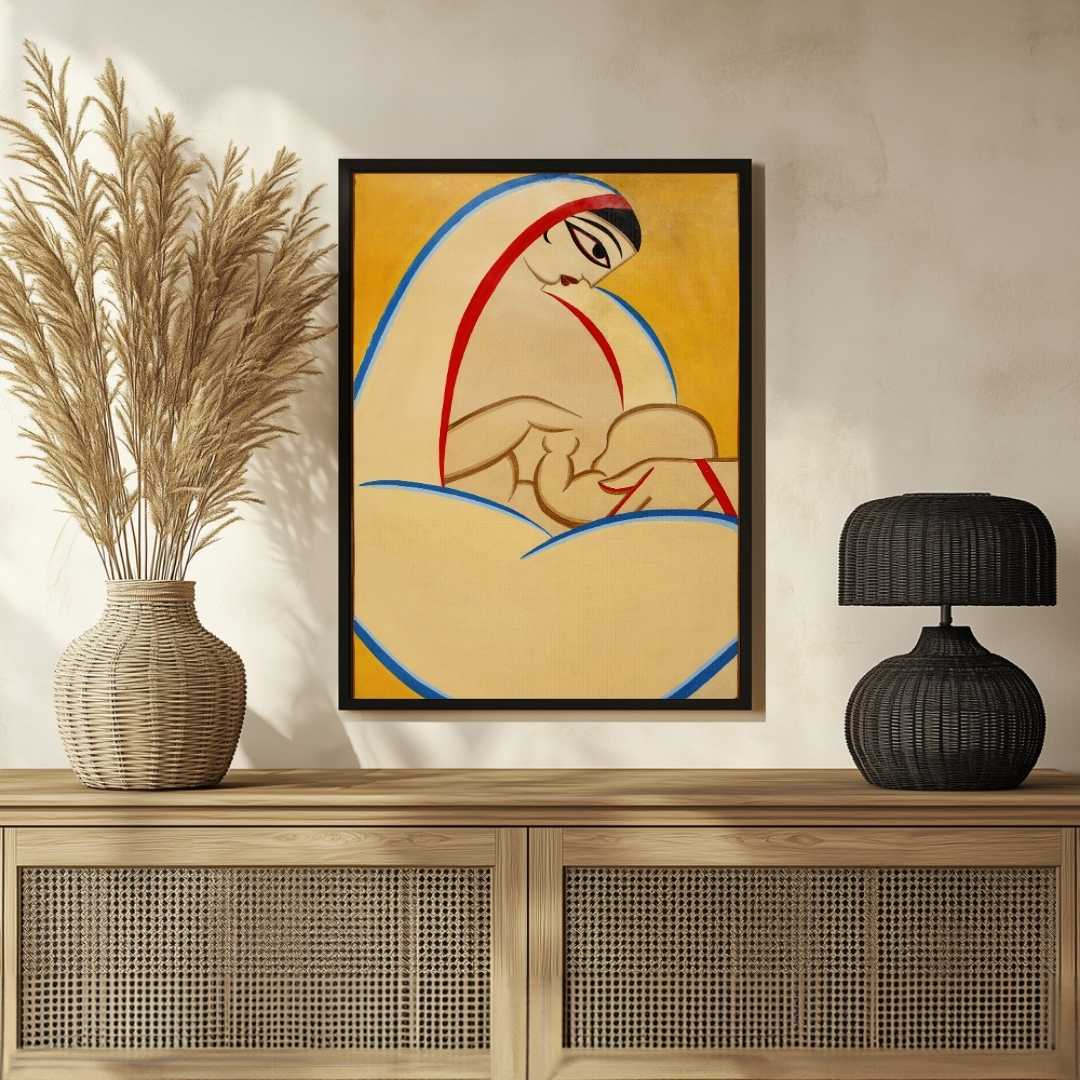 Mother and Child Painting for Living Room | Jamini Roy Inspired Wall Art | Giclée Print 2 : 3 Vertical Premium Wall Art Canvas by MeriDeewar