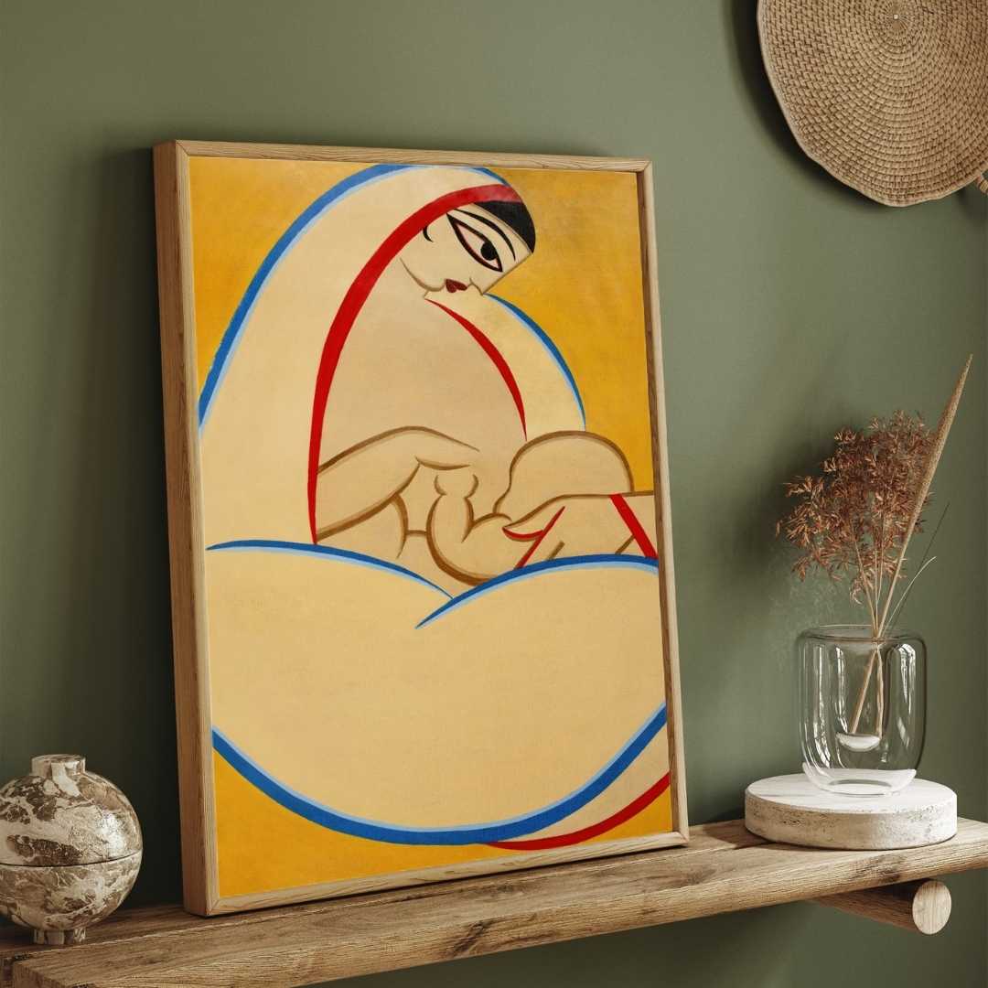 Mother and Child Painting for Living Room | Jamini Roy Inspired Wall Art | Giclée Print 2 : 3 Vertical Premium Wall Art Canvas by MeriDeewar