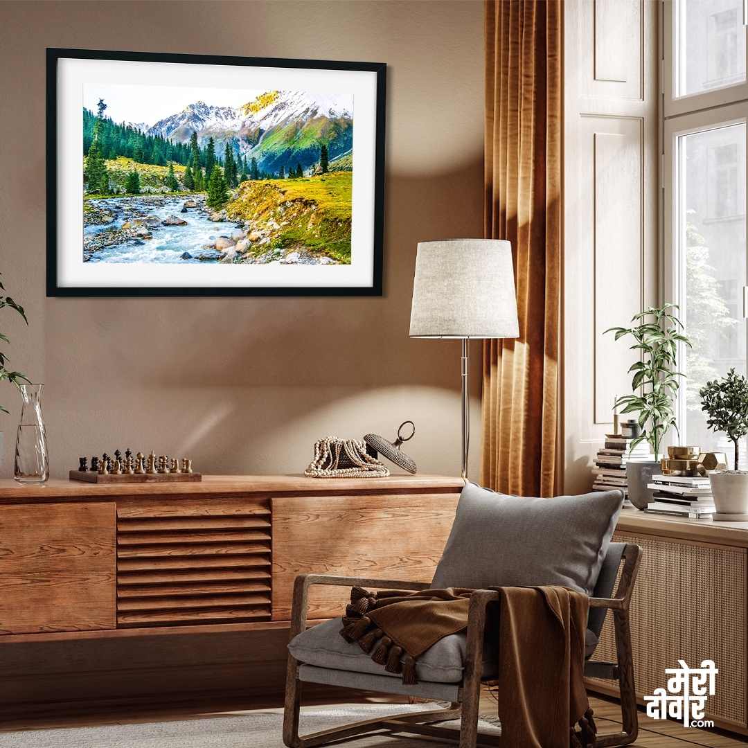 Mountain Scenery Painting for Living Room | River & Snow Peaks Nature Wall Art 3 : 2 Horizontal Premium Wall Art Canvas by MeriDeewar