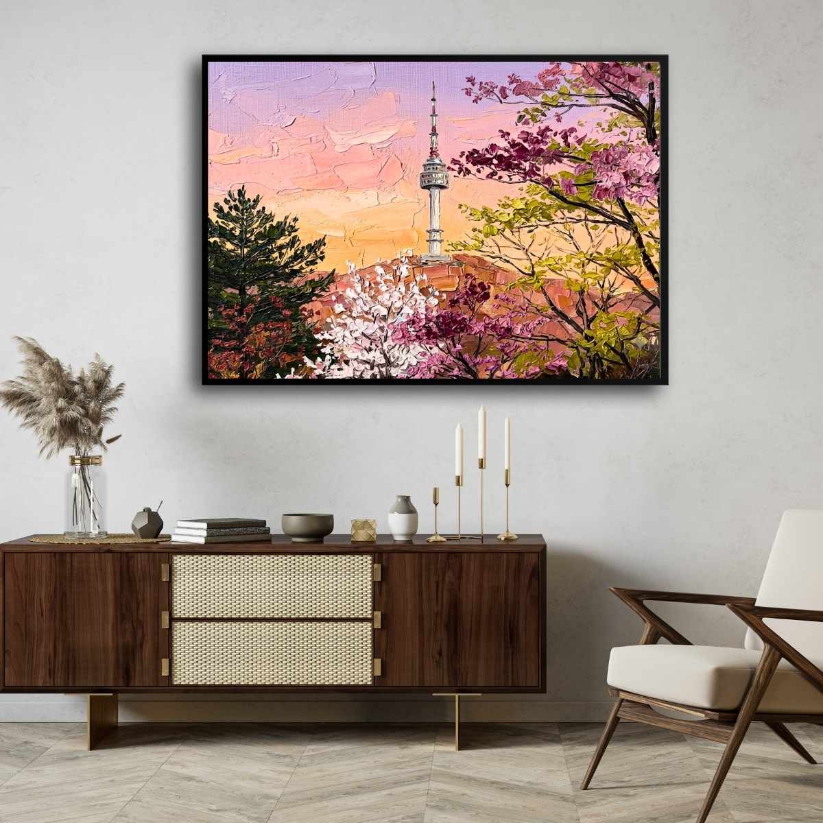 "Namsan Spring Blossom Tower" Seoul Architecture Giclée Print | Fine Art Wall Art 2 : 3 Horizontal Premium Wall Art Canvas by MeriDeewar