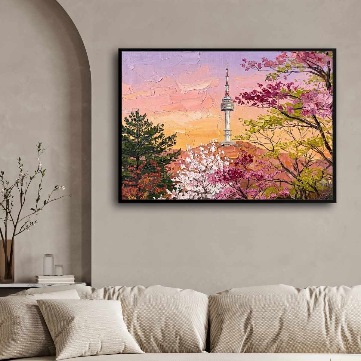"Namsan Spring Blossom Tower" Seoul Architecture Giclée Print | Fine Art Wall Art 2 : 3 Horizontal Premium Wall Art Canvas by MeriDeewar