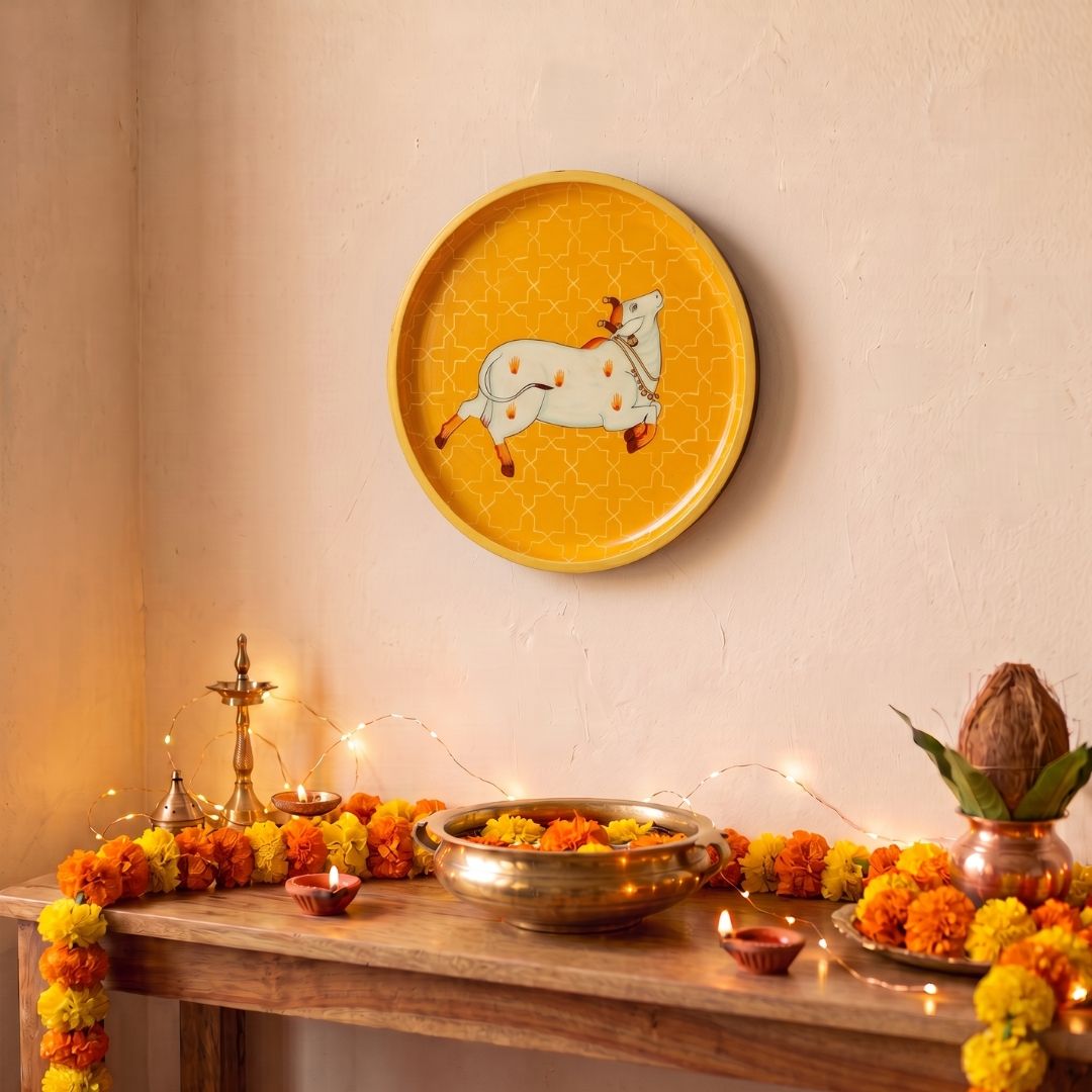 Nandini in Saffron | Hand-Painted Pichwai Cow Wall Art Curate Premium Wall Art Canvas by MeriDeewar