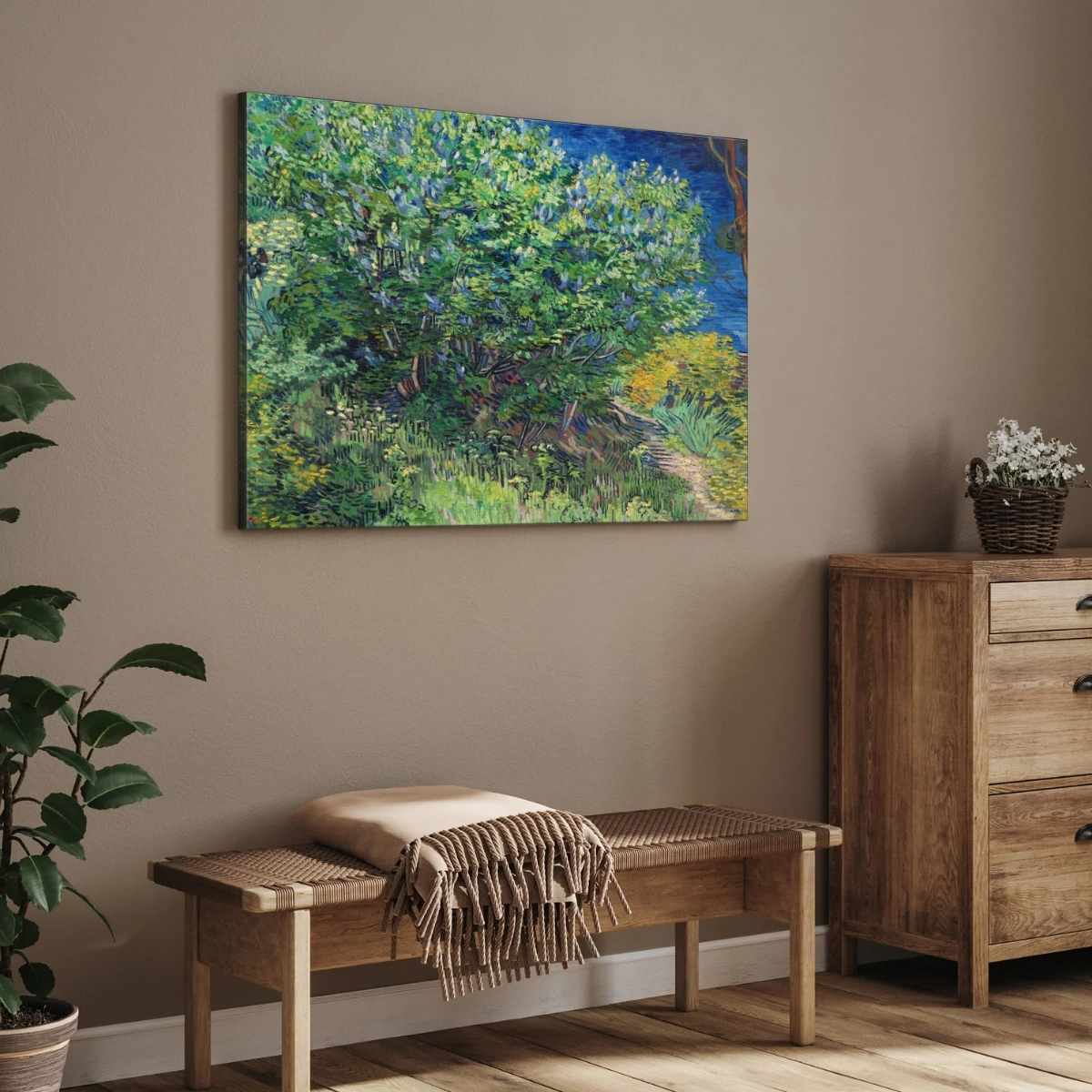 Nature Painting for Living Room – Van Gogh Lilac Bush | Floral Wall Art Print 4 : 3 Horizontal Premium Wall Art Canvas by MeriDeewar
