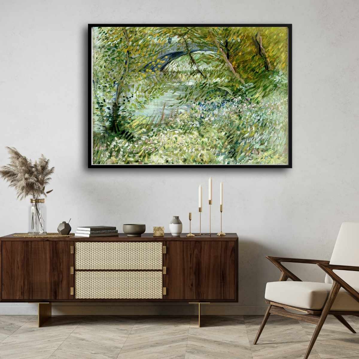 Nature Scenery Painting for Living Room – Van Gogh River Bank in Springtime | Green Wall Art 4 : 3 Horizontal Premium Wall Art Canvas by MeriDeewar
