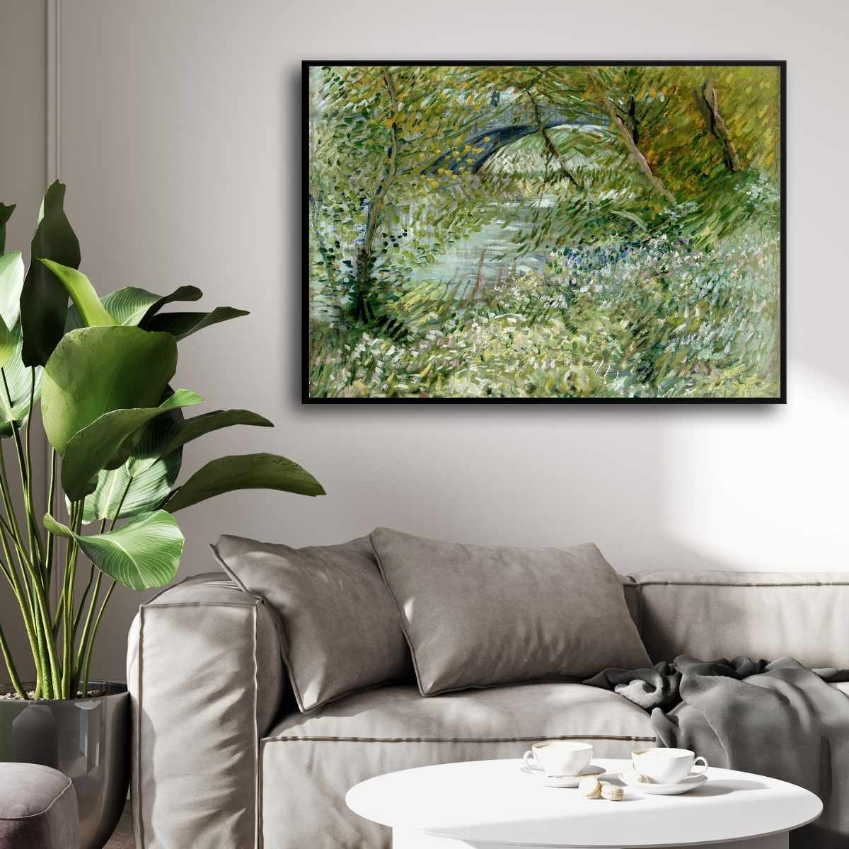 Nature Scenery Painting for Living Room – Van Gogh River Bank in Springtime | Green Wall Art 4 : 3 Horizontal Premium Wall Art Canvas by MeriDeewar