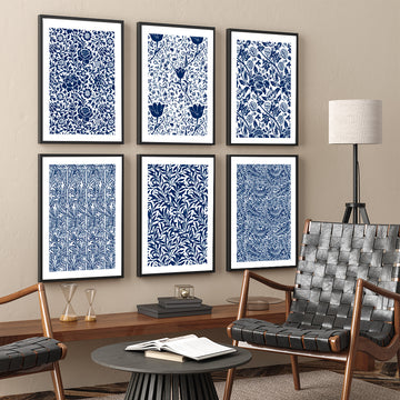 Navy Blue Botanical Wall Art Set Of 6 Paintings Walls Premium Wall Art Canvas by MeriDeewar