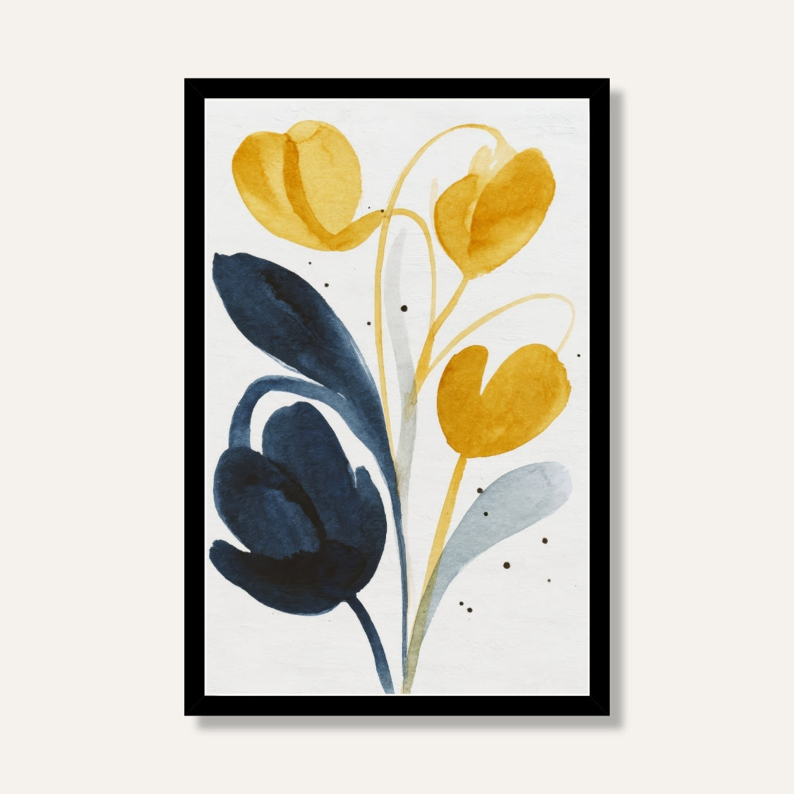 Navy & Mustard Floral Painting for Living Room | Watercolour Tulips Wall Art | Giclée Print 2 : 3 Vertical Premium Wall Art Canvas by MeriDeewar