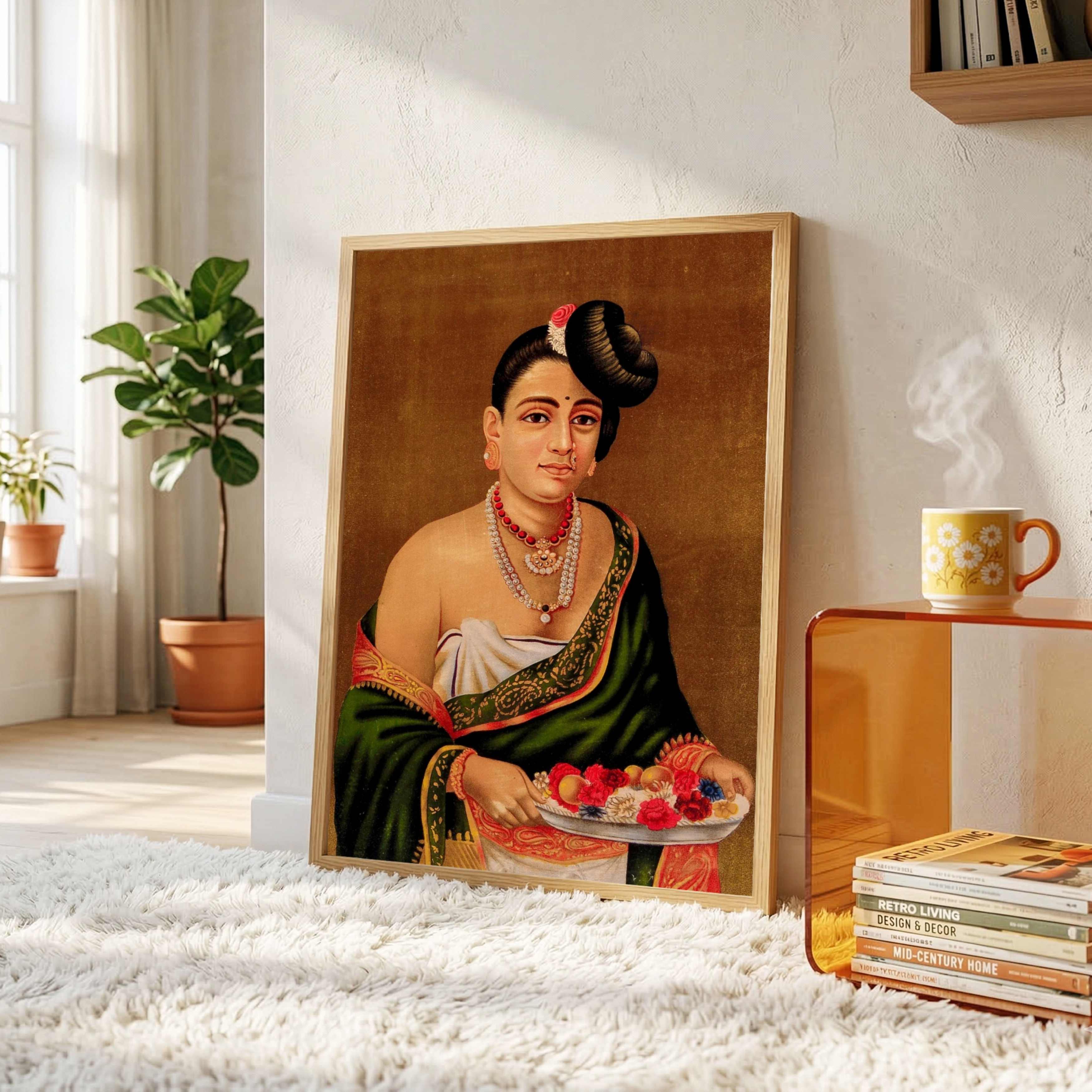 Nayar Lady Painting by Raja Ravi Varma | Traditional Indian Portrait Wall Art for Living Room 3 : 4 Vertical Premium Wall Art Canvas by MeriDeewar