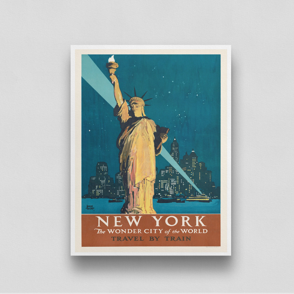New York City - 1930's Travel by Train Vintage Railroad Travel Poster 3 : 4 Vertical New Premium Wall Art Canvas by MeriDeewar