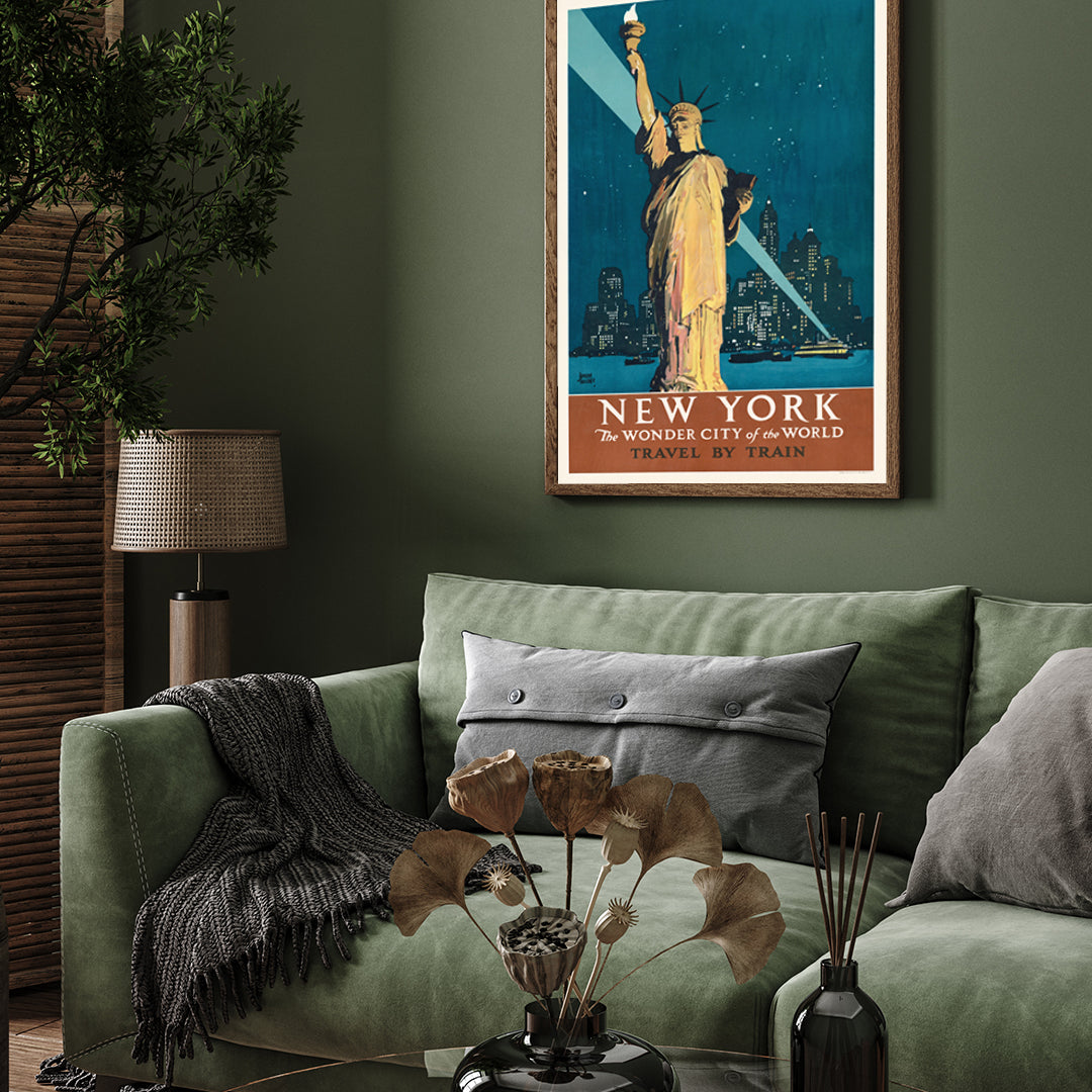 New York City - 1930's Travel by Train Vintage Railroad Travel Poster 3 : 4 Vertical New Premium Wall Art Canvas by MeriDeewar