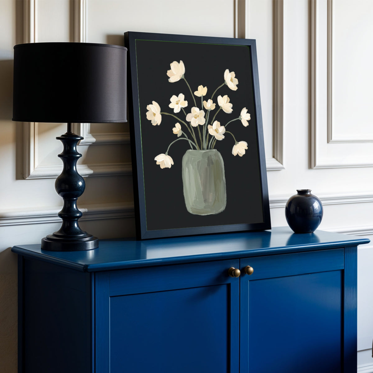 Nocturne Blooms | Modern Minimalist Floral Still Life Wall Art 3 : 4 Vertical Premium Wall Art Canvas by MeriDeewar