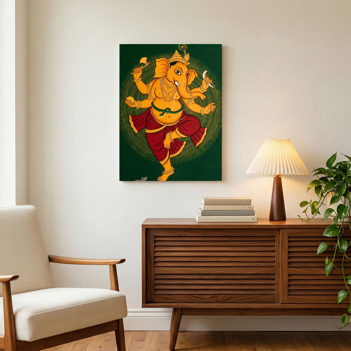 Nritya Ganesha | Traditional Kerala Mural Style Dancing Ganapati Wall Art 3 : 4 Vertical Premium Wall Art Canvas by MeriDeewar