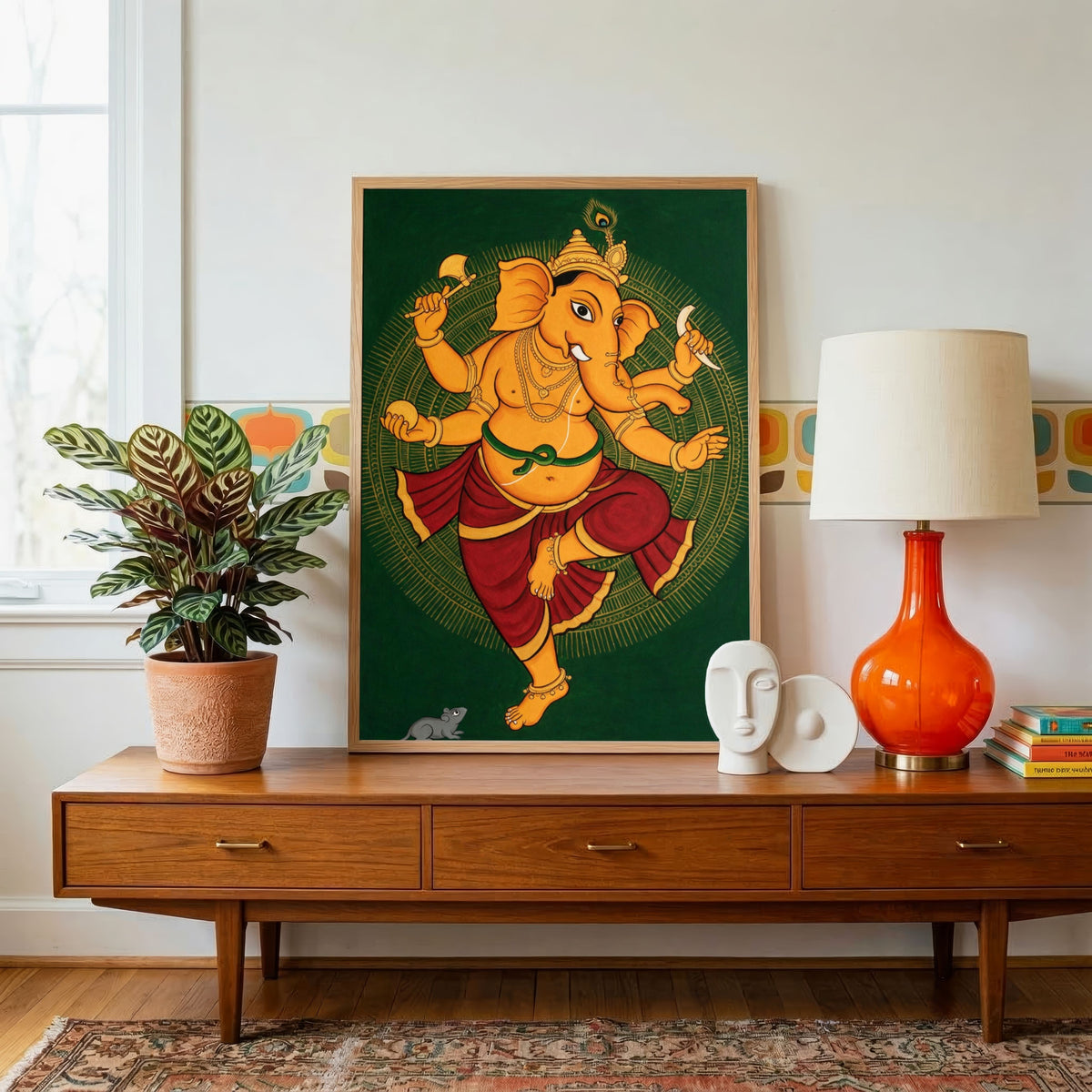 Nritya Ganesha | Traditional Kerala Mural Style Dancing Ganapati Wall Art 3 : 4 Vertical Premium Wall Art Canvas by MeriDeewar