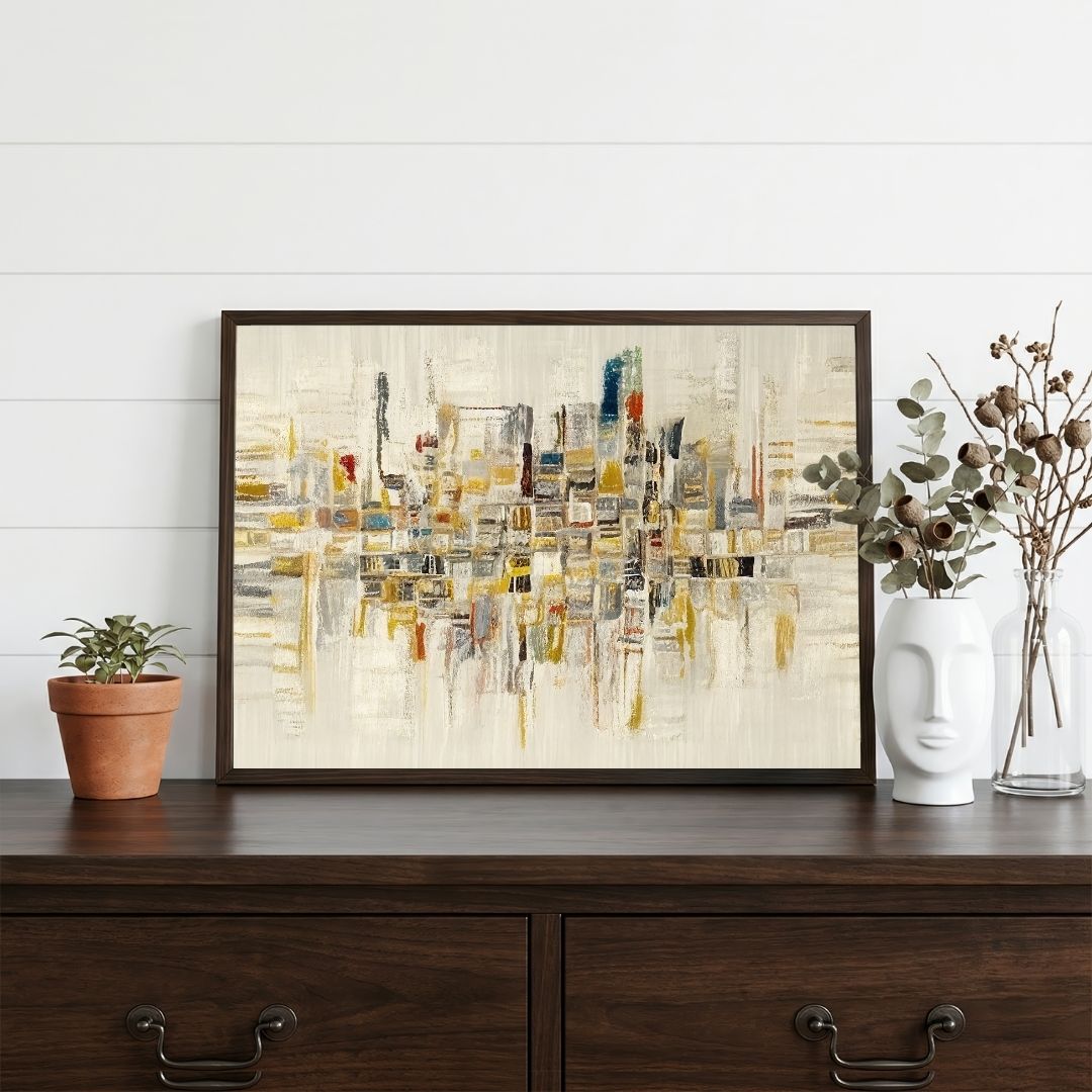 Ochre Metropolis | Modern Abstract Cityscape Framed Wall Art 4 : 3 Horizontal Premium Wall Art Canvas by MeriDeewar