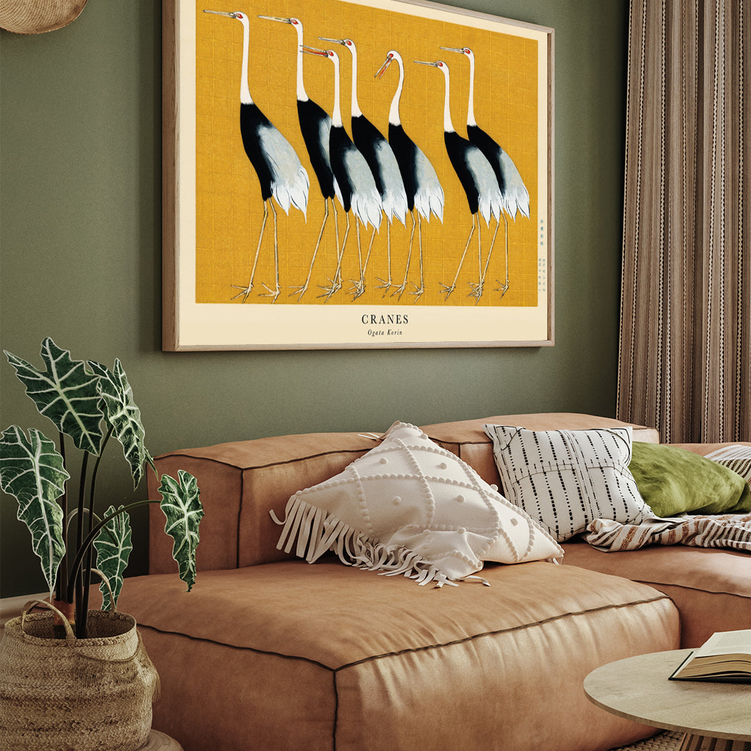 Ogata Korin Flock of Japanese Red Crown Cranes 3 : 4 Horizontal New Premium Wall Art Canvas by MeriDeewar