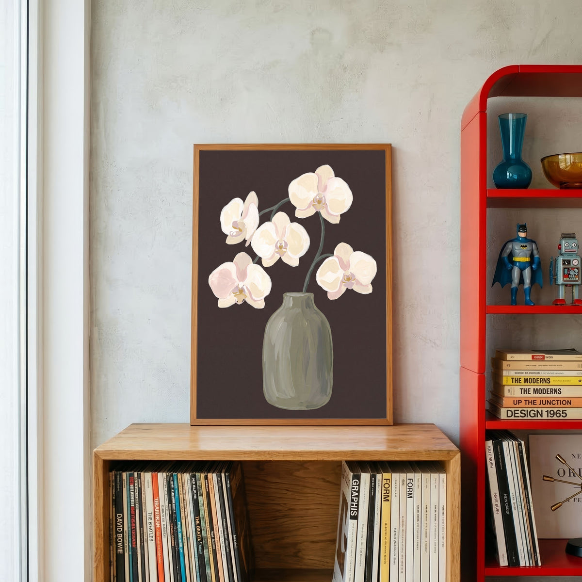 Orchids in Espresso | Modern Minimalist Orchid Still Life Wall Art 3 : 4 Vertical Premium Wall Art Canvas by MeriDeewar