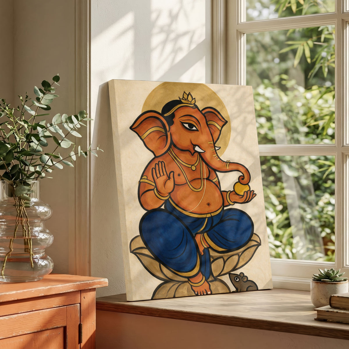 Padmasana Ganesha | Traditional Indian Folk Style Seated Ganapati Wall Art 3 : 4 Vertical Premium Wall Art Canvas by MeriDeewar