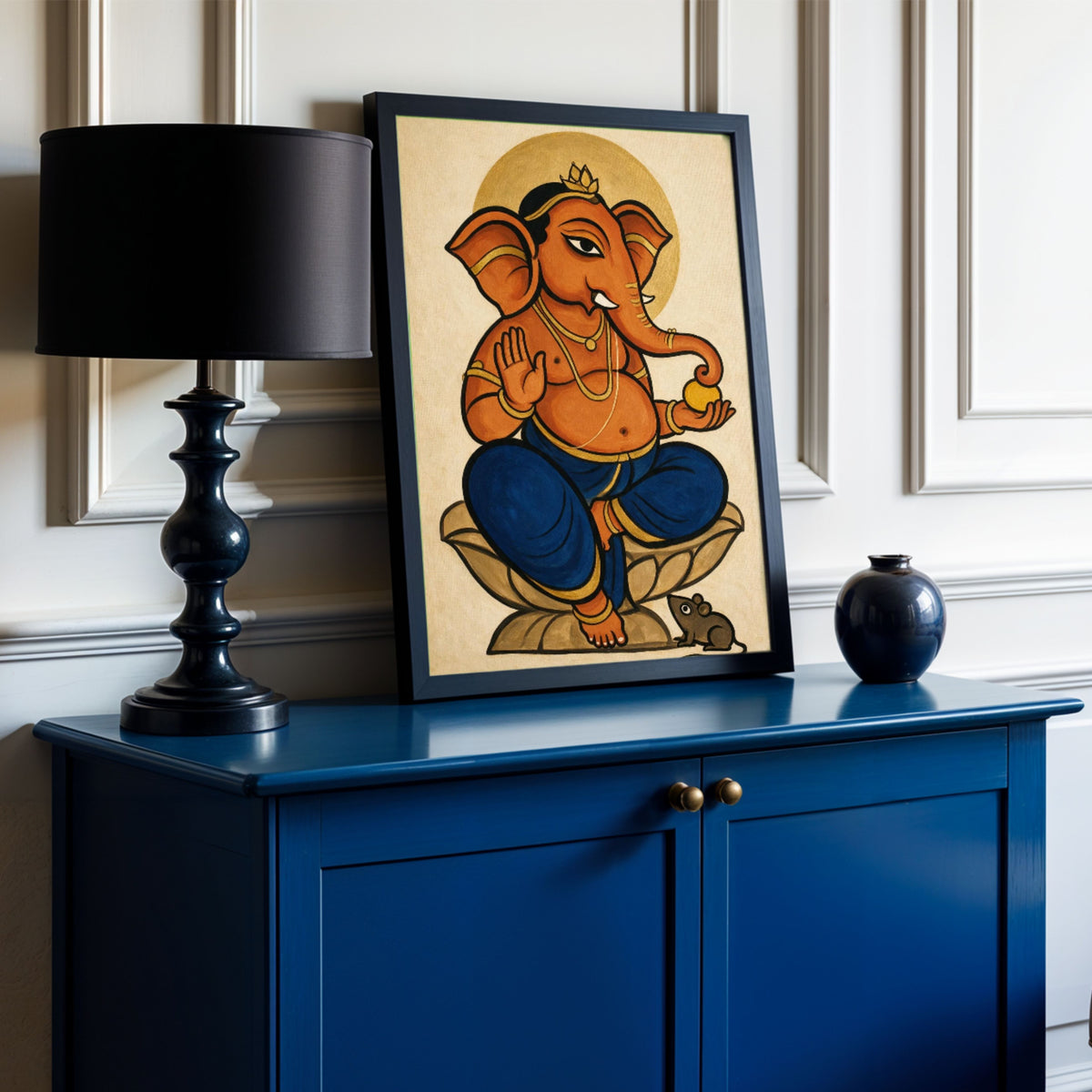 Padmasana Ganesha | Traditional Indian Folk Style Seated Ganapati Wall Art 3 : 4 Vertical Premium Wall Art Canvas by MeriDeewar