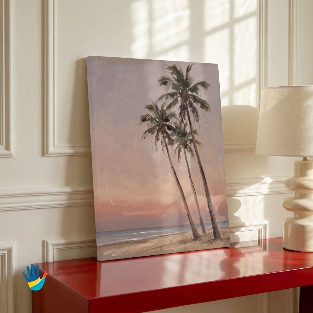 Palms at Evening | Coastal Dusk Landscape Art 3 : 4 Vertical Premium Wall Art Canvas by MeriDeewar