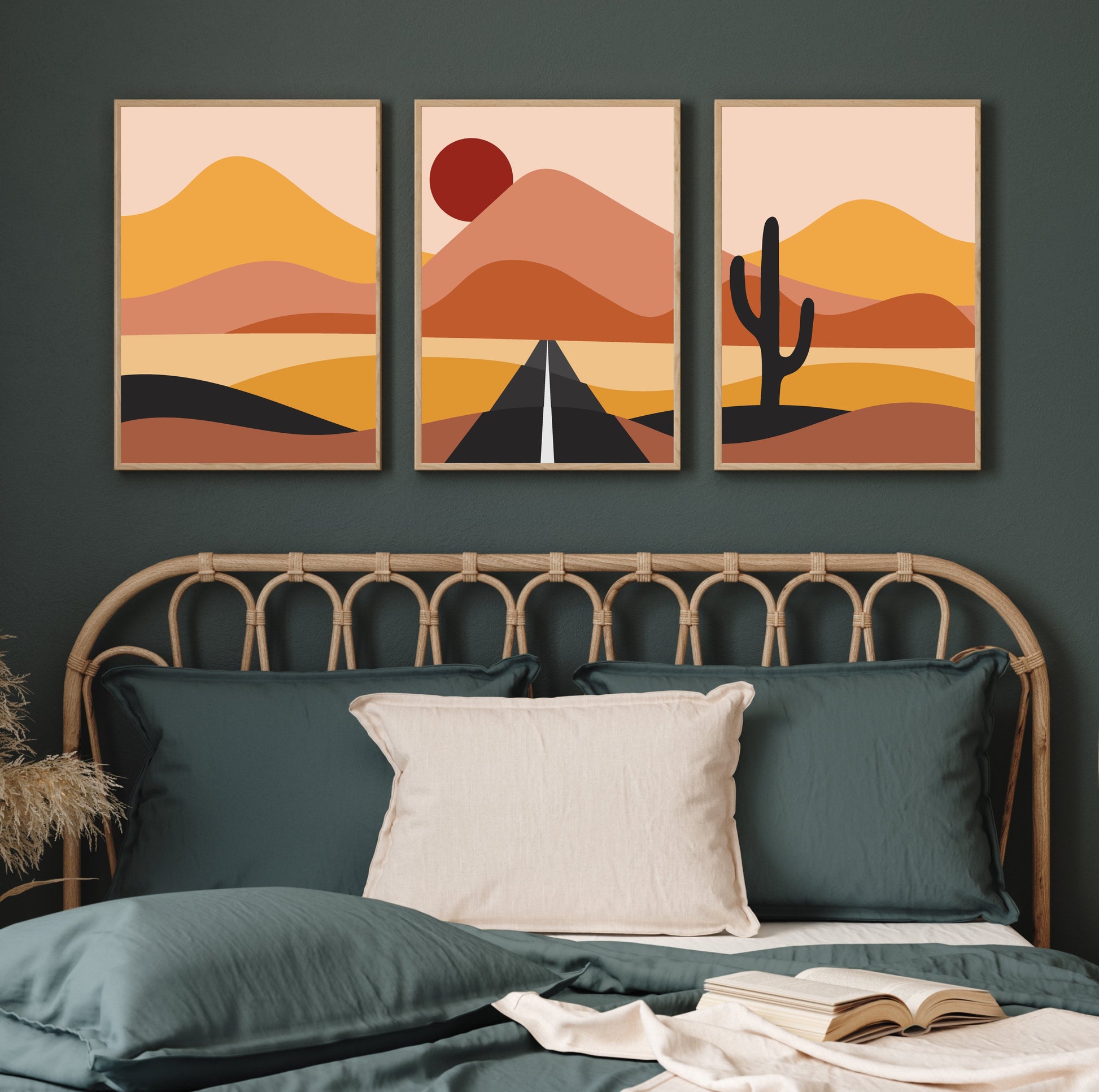 Panorama With Sun Mountain and Cactus Wall Art Set of 3 Walls Premium Wall Art Canvas by MeriDeewar