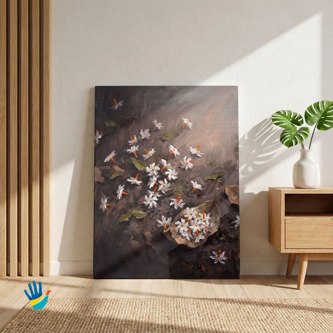 Parijat at Dawn | Night Jasmine Floral Wall Art 3 : 4 Vertical Premium Wall Art Canvas by MeriDeewar