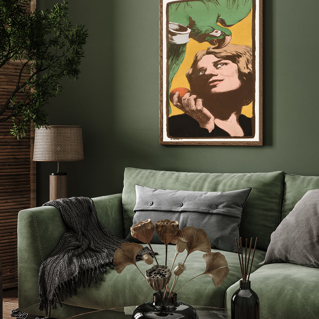 Parrot with Blonde Woman Poster 3 : 4 Vertical New Premium Wall Art Canvas by MeriDeewar