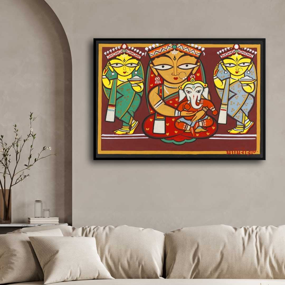 Parvati & Ganesha Painting – Jamini Roy Folk Art Style | Spiritual Wall Art for Home 3 : 2 Horizontal Premium Wall Art Canvas by MeriDeewar