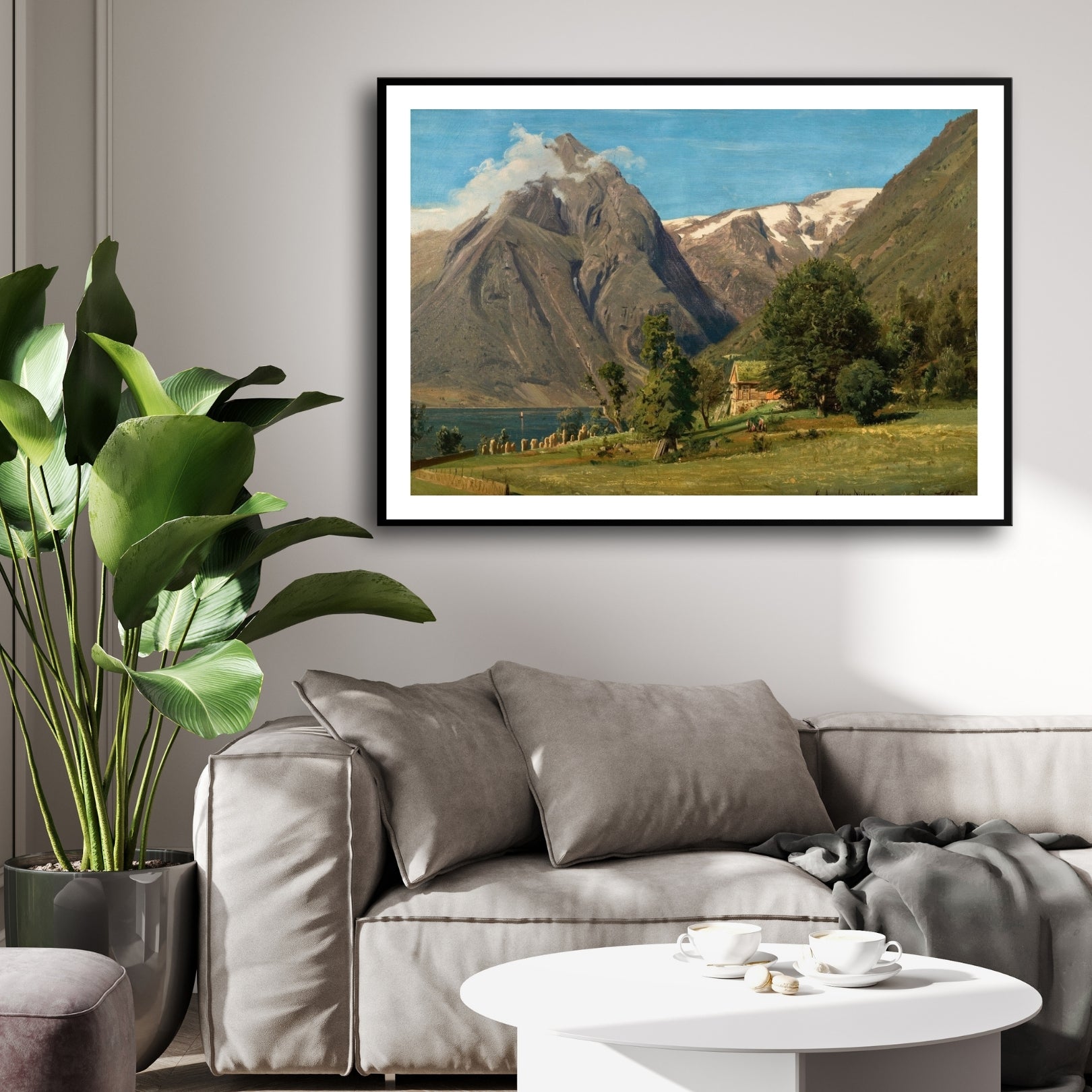 Pastoral Majesty – Farmhouse beneath Glacier Mountain Wall Art 2 : 3 Horizontal Premium Wall Art Canvas by MeriDeewar