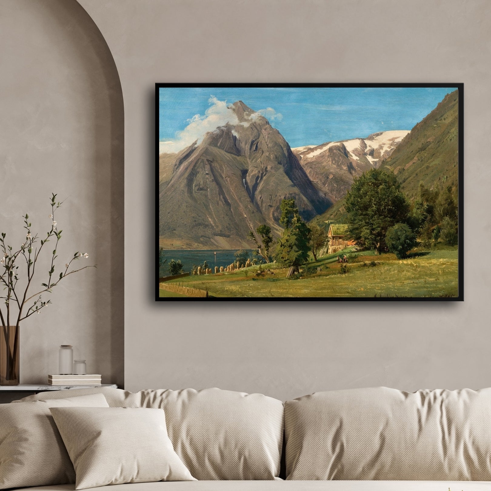Pastoral Majesty – Farmhouse beneath Glacier Mountain Wall Art 2 : 3 Horizontal Premium Wall Art Canvas by MeriDeewar