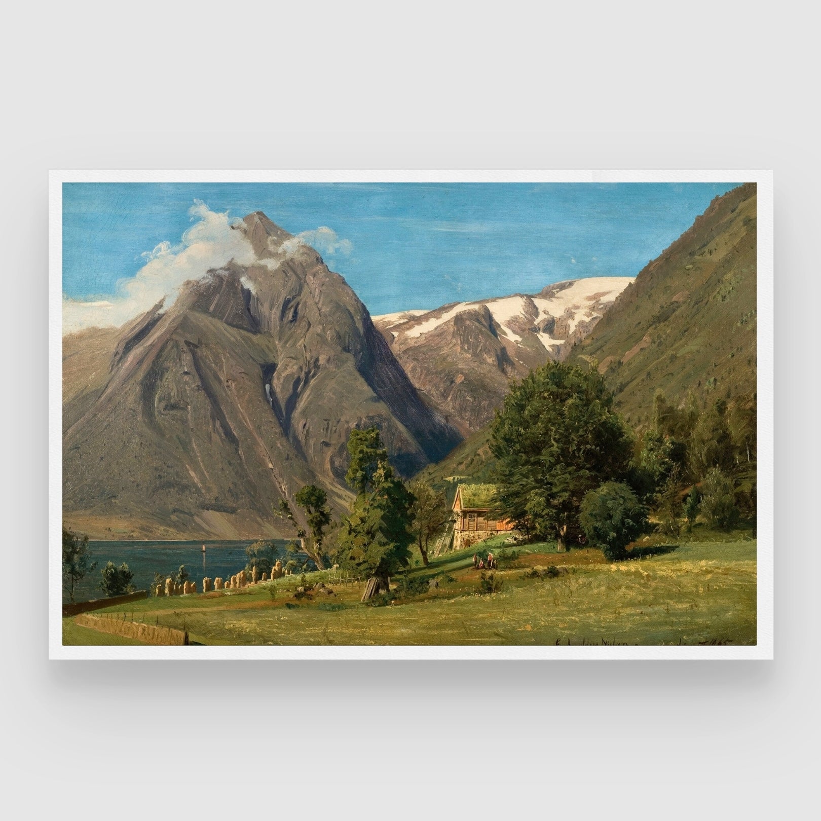 Pastoral Majesty – Farmhouse beneath Glacier Mountain Wall Art 2 : 3 Horizontal Premium Wall Art Canvas by MeriDeewar